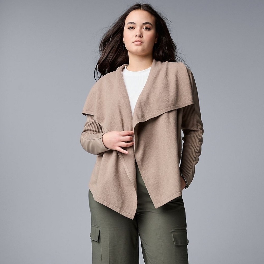 Vera Wang Taupe Draped Open Front Cardigan with Faux Leather Sleeves Size XS